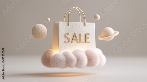 A futuristic shopping bag with the word “SALE” levitates above fluffy clouds surrounded by geometric spheres. The clean surreal design is perfect for modern retail promotions and advertising