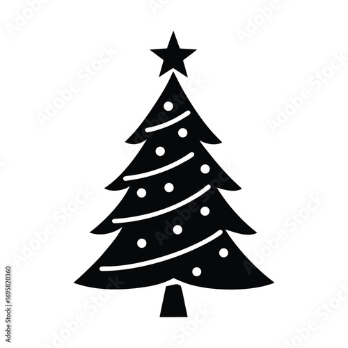 Stylized black silhouette christmas tree decoration with star topper and ornaments