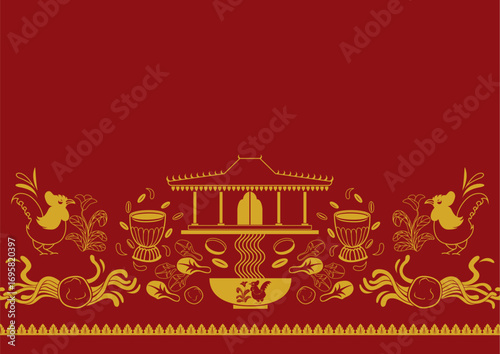 This image showcases black-and-white vector graphics, likely clip art, with Javanese cultural influences. It features traditional joglo pavilions, roosters with plants, noodle-like shapes with meatbal