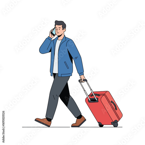 Traveling Man on Phone with Rolling Suitcase talking pulling concept traveler