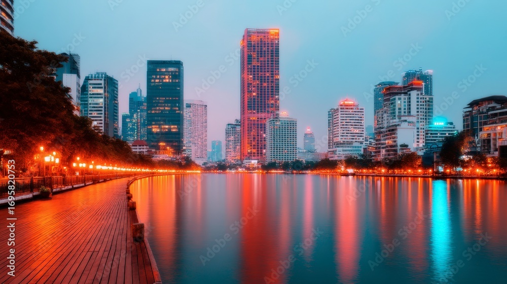 Obraz premium Nighttime City Waterfront with Glowing Skyline and Reflections
