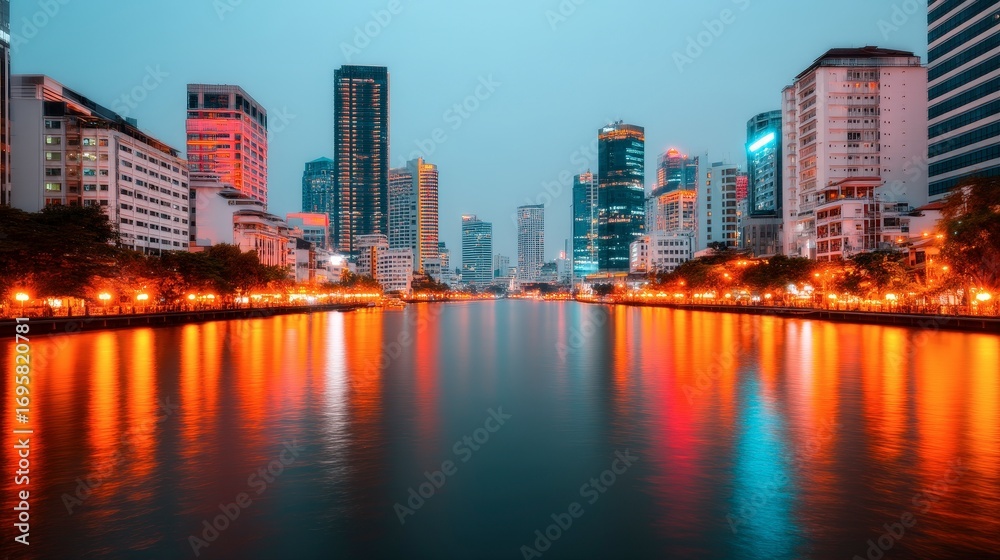 Obraz premium Nighttime City Waterfront with Glowing Skyline Reflections
