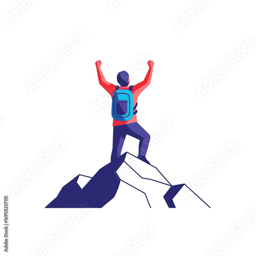 Triumphant Hiker Reaching Mountain Peak: Back View celebrating arm raised