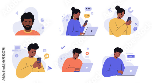 Urban cityscape panorama with pedestrians, cyclists, and modern buildings in pastel colors.