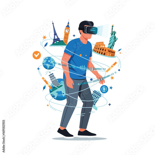 Virtual Reality Travel: Exploring Global Landmarks wearing experience surrounded