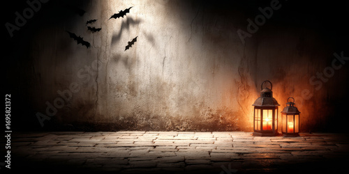 Dark Halloween scene with two glowing lanterns on a stone floor. Bats fly against a textured wall, creating a spooky atmosphere.
