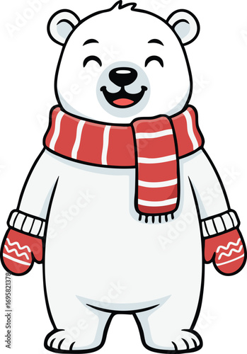 Polar bear wearing scarf and mittens waving
