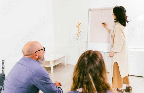Businesswoman drawing on flip chart during presentation to colleagues
