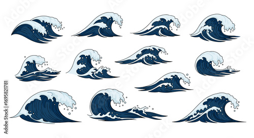 A collection of dynamic ocean waves in various forms and sizes illustrating the power of the sea