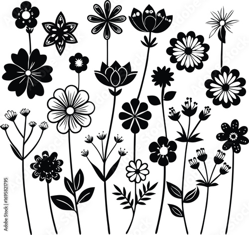 Collection of Stylized Black Floral Silhouettes on White Background flower