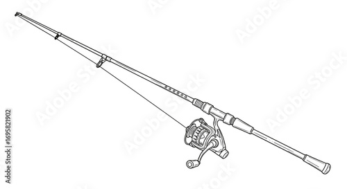 A detailed line drawing of a fishing rod and reel ready for casting on an outdoor adventure