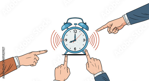 Multiple hands pointing towards a ringing alarm clock indicating urgency and shared responsibility for time management