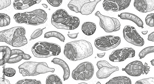 A diverse collection of hand drawn meat cuts and sausages for culinary enthusiasts