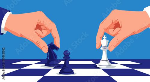 Two hands carefully placing chess pieces on a board representing strategic decision making and intellectual competition