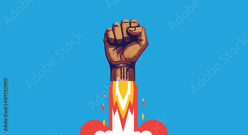 Fist rises upwards with rocket boosters propelling it towards the sky in a burst of energy and color symbolizing power and ambition