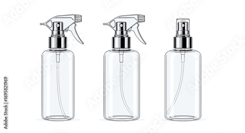 Three clear plastic spray bottles with chrome spray tops arranged in a row on a white background