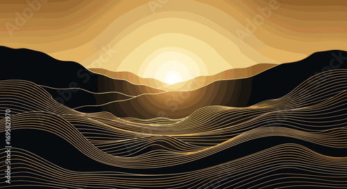 A golden sunrise illuminates abstract mountainous landscapes with textured undulating terrain below