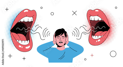 Man covering ears to block out loud shouting mouths in stressful communication breakdown argument conflict concept