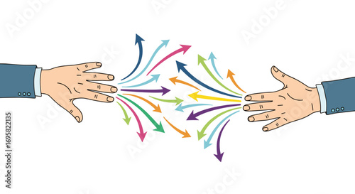 Illustrating the convergence and divergence of ideas through interconnected arrows between two outstretched hands