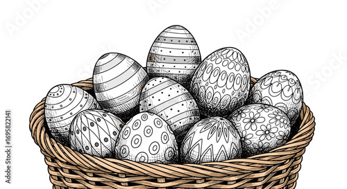 A close up sketch of a woven basket filled with various decorated easter eggs creating a festive spring celebration