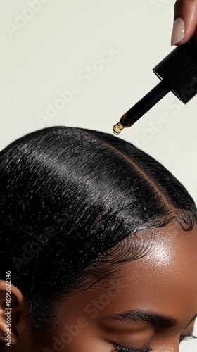 Young Black woman applying Moringa oil for scalp care on hair