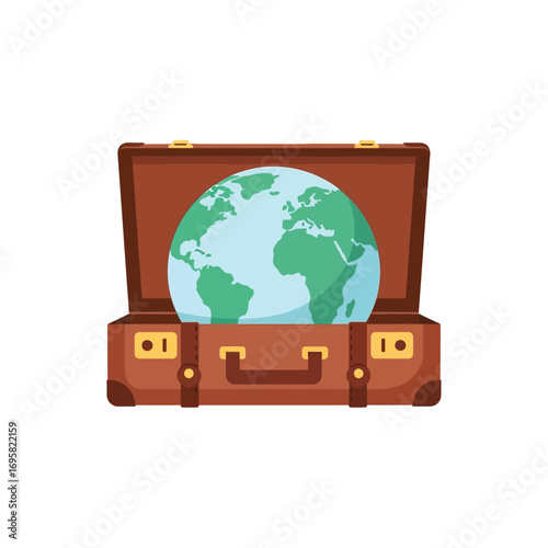 World Travel: Vintage Suitcase with Globe brown open reveal symbolizing