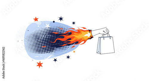 Explosive shopping bag bursting with fiery energy shield and stars symbolizing dynamic deals and powerful promotions