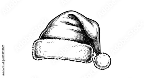 Whimsical hand drawn sketch of a cozy santa claus hat adorned with fluffy white trim and a pom pom perfect for holiday celebrations