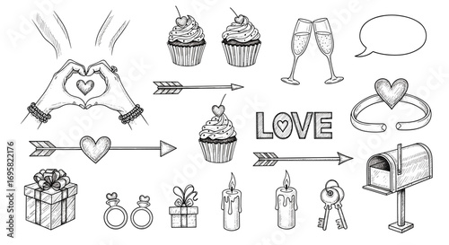 Collection of hand drawn romantic elements and symbols for valentine's day celebrations and love declarations