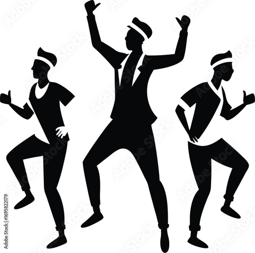 Silhouette of Three Men in Suits and Hats Dancing Energetically vector illustration