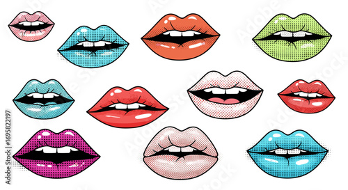 A vibrant assortment of stylized pop art lips in various bright colors and textures