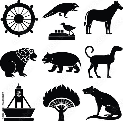 Black Silhouette Collection of Diverse Animals and Nautical Objects Keywords: animal, wildlife, nature
