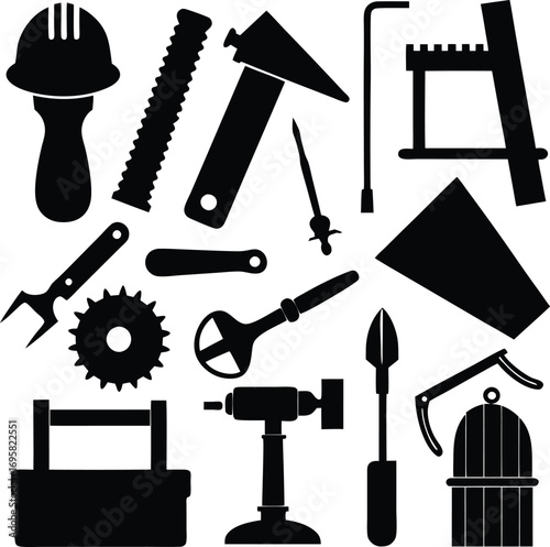 Black Silhouette Collection of Construction and Repair Tools and Equipment Keywords: hammer, wrench