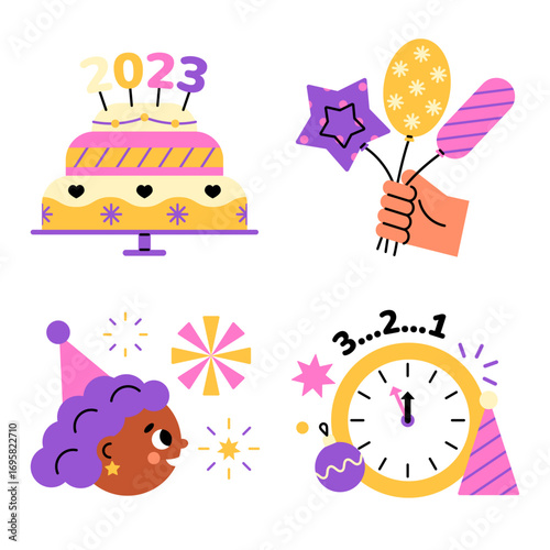 Flat new year 2023 stickers collection