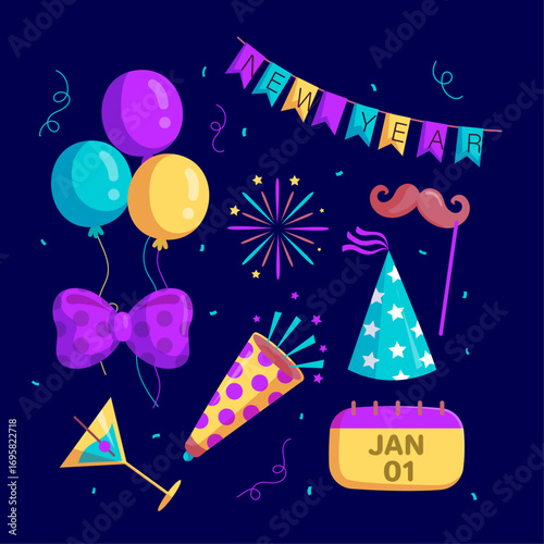 Flat design new year party element collection