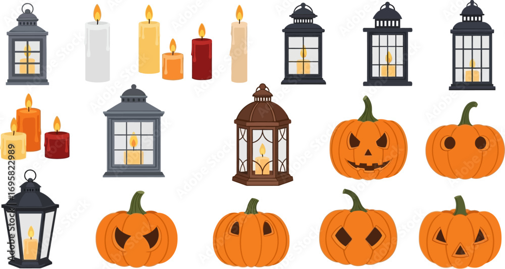 Fototapeta premium Spooky Halloween pumpkins and glowing lanterns create a festive autumn night atmosphere.