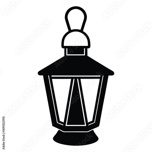 Classic silhouette of an ornate lantern with a handle and glass panes illuminated