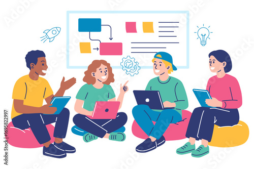 Diverse team of young students or colleagues collaborating on a project, sitting on beanbags and using laptops, brainstorming ideas with a flowchart on a whiteboard in the background