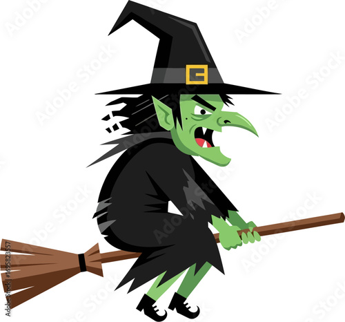 Fierce green witch with pointed hat flying on broomstick during Halloween
