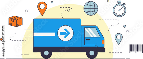 Fast delivery truck speeding with package icons and global logistics symbols