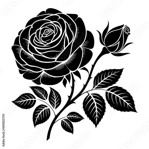 Black and white silhouette of a blooming rose and bud on a stem