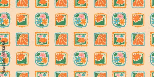 Colorful floral seamless pattern illustration. Vintage style flower frame background design. Geometric natural wallpaper print, spring season nature backdrop texture with flowers.