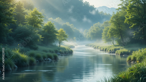 Serene riverine scene with riparian elements, featuring a misty, sunlit river winding through a lush, verdant landscape, perfect for a tranquil nature background image. Watercolor style, high