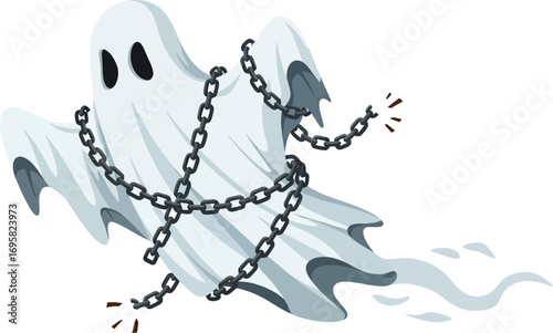 Spooky ghost entangled in heavy chains, struggling to break free on Halloween