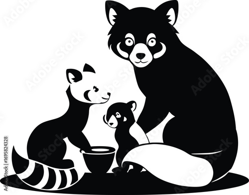 Black and White Silhouette of a Red Panda Family with Three Pandas animal group