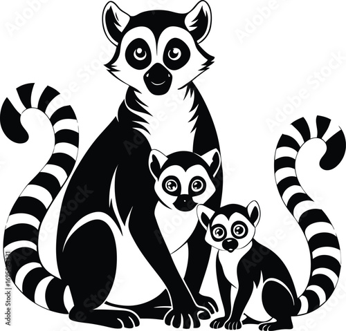 Black and White Silhouette of a Ring- Tailed Lemur Family with Three Lemurs ring-tailed lemur