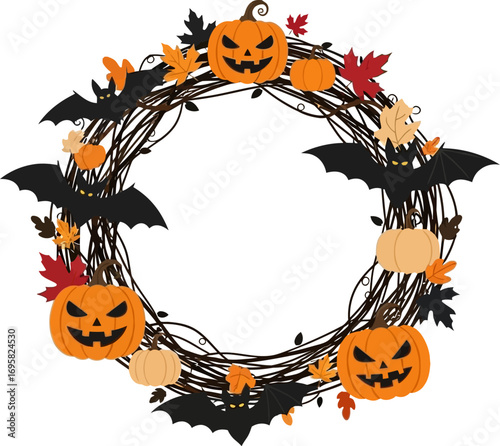 Spooky Halloween wreath with carved pumpkins, bats, and autumn leaves on a white background.