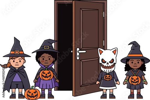 Children in Halloween costumes waiting at a door, ready for trick-or-treating