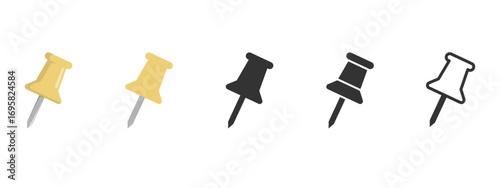 Set of vector push pins in yellow, black, and outline styles. Thumbtack icons ideal for office stationery, corkboards, notes, reminders, maps, and various digital design projects