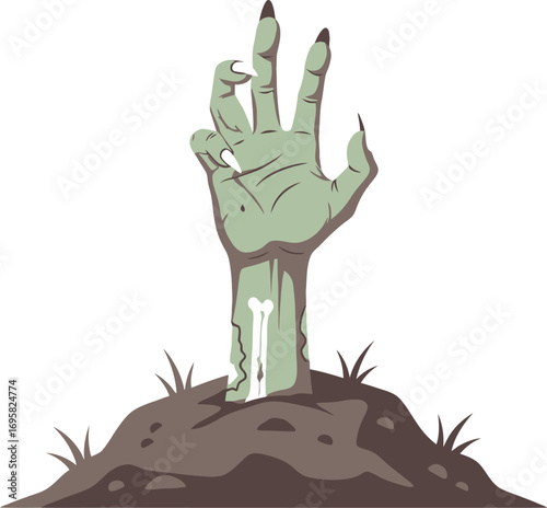 Spooky green zombie hand emerging from the grave with dirt and grass